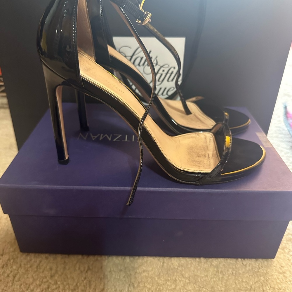 stuart weitzman nudist sandals heels black patent leather size 9.5